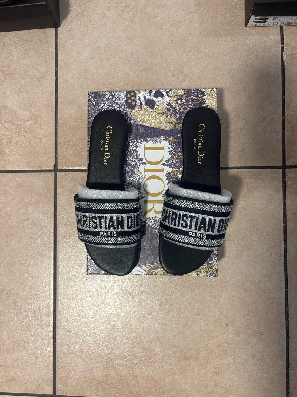 Dior rhinestone Black and Gray Christian Dior Logo Slide Sandals